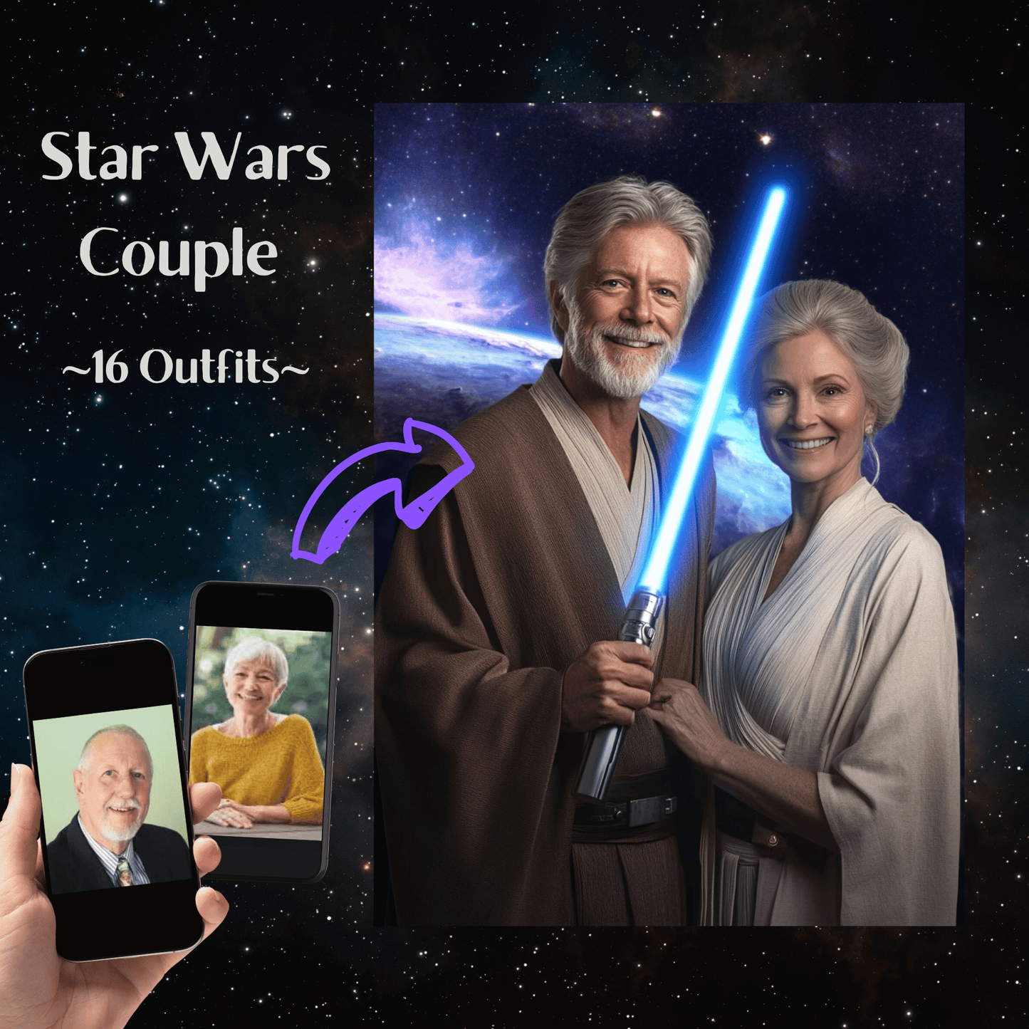 Star Wars Elderly Couple Portrait - Gift for Parents