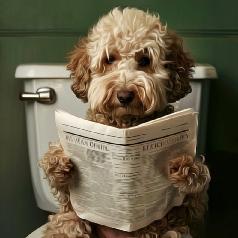 Hund in der Toilette liest Zeitung